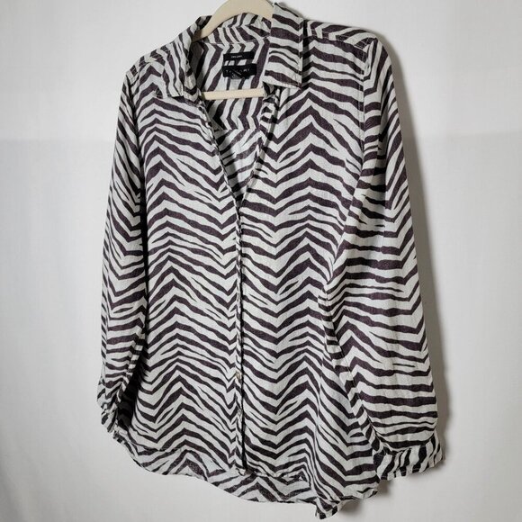 Tahari Linen Zebra Animal Print Beachy Long Sleeve Roll Tab Button Up Shirt L - Picture 4 of 10